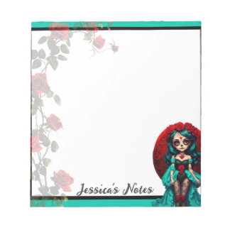 Teal and Red Roses Sugar Skulls Notitieblok