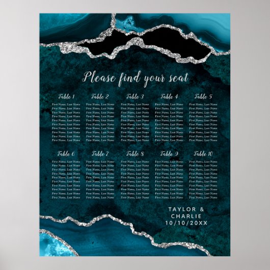 Teal and Silver Agate Wedding Seating Chart Poster (Voorkant)