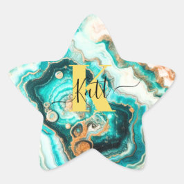 Teal Aqua Agate Gouden Modern Aangepast Monogram Ster Sticker