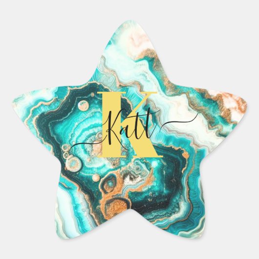 Teal Aqua Agate Gouden Modern Merklabel Ster Sticker (Voorkant)