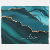 Teal Aqua Blauwe Groene Agaat Geode Gouden Monogra Fleece Deken (Voorkant (Horizontaal))