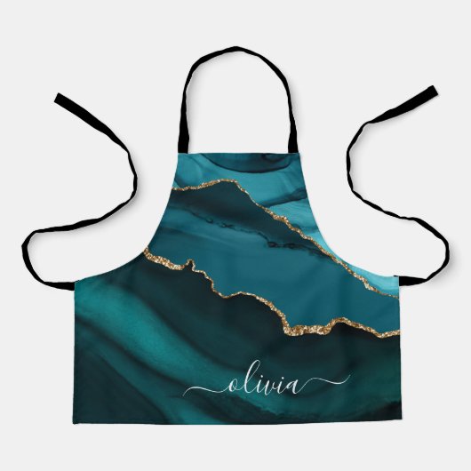 Teal Aqua Blauwe Groene Geode Gouden Monogram Schort (Voorkant)