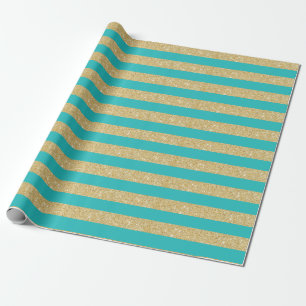 Teal Aqua en Gouden Glitter Strepen Inpakpapier