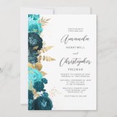 Teal Aqua Floral Gold Script Wedding Kaart (Voorkant)