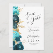 Teal Aqua Gold Floral Script Save the Date Aankondiging (Voorkant)
