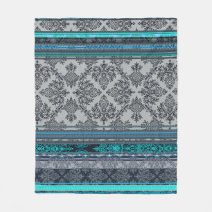 Teal, Aqua & Grijs Vintage Boheem Behang Fleece Deken