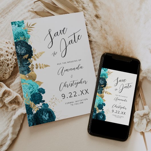 Teal Aqua Or Floral Script Invitation Anticipée de
