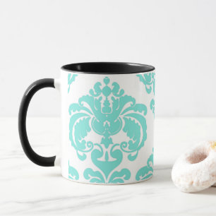 Teal Aqua & Witte Elegante Chic Damast Patroon Mok