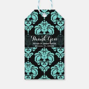 Teal Aqua Zwarte Damast Houden Bruiloft Evenement  Cadeaulabel