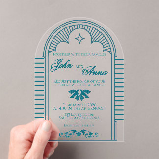 Teal Art Deco Vintage Clear Wedding Invitation
