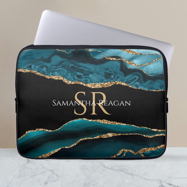 Teal Black and Gold Agate, DIY Name & Monogram Vs2 Laptop Sleeve (Creator heeft geüpload)
