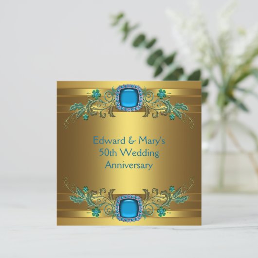 Teal Blauw Goud 50ste Huwelijksverjaardag Feest Kaart (Staand voorkant)