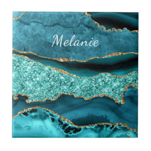 Teal Blauw Goud Marmer Aangepaste Naam Keramische Tegeltje