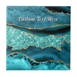 Teal Blauw Goud Marmer Aangepaste Tekst Keramische Tegeltje