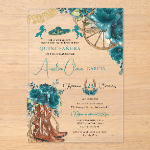 Teal Blauw Groen Bloemstuk Charro Westerse Quincea Acryl Uitnodigingen
