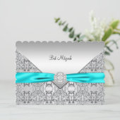 Teal Blauw Zilver Teal Bat Mitzvah Kaart (Staand voorkant)