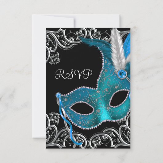 Teal Blauw Zilveren Masker Masquerade Feest RSVP Kaartje (Voorkant)