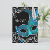 Teal Blauw Zilveren Masker Masquerade Feest RSVP Kaartje (Staand voorkant)