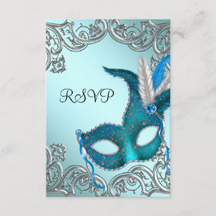 Teal Blauw Zilveren Masker Masquerade Feest RSVP Kaartje