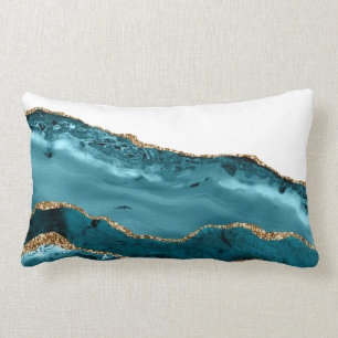 Teal Blauwe Agaat Steen Gouden Folie look Lenden K Kussen