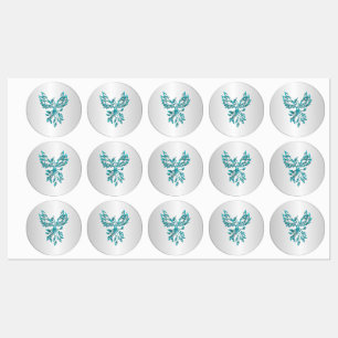 Teal Blauwe Feniks Rijst op Zilver Labels