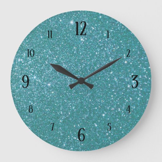 Teal Blauwe Glitter Glam met Zwarte Cijfers Grote Klok (Voorkant)