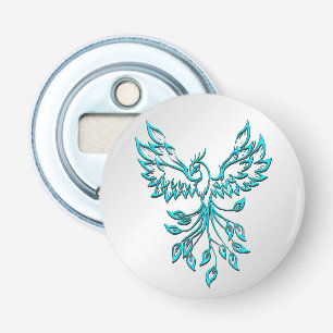 Teal Blauwe Phoenix Rijst op Zilver Button Flesopener