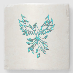 Teal Blauwe Phoenix Rijst op Zilver Stenen Onderzetter