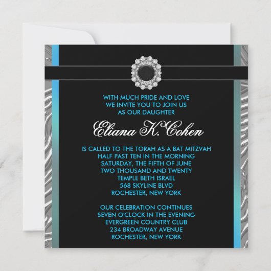 Teal Blauwe Zebra Bat Mitzvah Kaart (Achterkant)