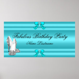 Teal Blauwe Zilveren Hoge Hakken Verjaardagsbanner Poster