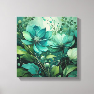 Teal Bloesems: Minimalistische Boho Elegantie Canvas Afdruk
