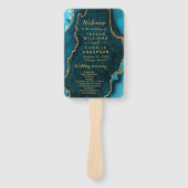 Teal Blue and Gold Agate Wedding Program Handwaaier (Voorkant)