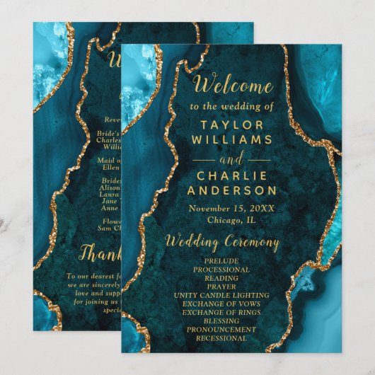 Teal Blue and Gold Agate Wedding Program Programma (Voorkant / Achterkant)