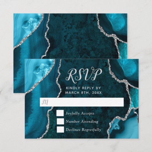 Teal Blue and Silver Agate Marble RSVP Kaartje (Voorkant / Achterkant)