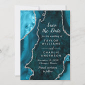 Teal Blue and Silver Agate Marble Save The Date Kaart (Voorkant)