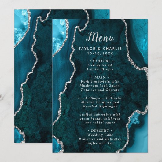 Teal Blue and Silver Agate Wedding Menu (Devant / Derrière)