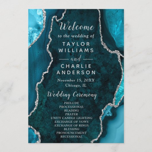 Teal Blue and Silver Agate Wedding Program Programma (Voorkant)