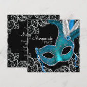 Teal Blue Black Maskerade Feest Kaart (Voorkant / Achterkant)
