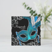 Teal Blue Black Maskerade Feest Kaart (Staand voorkant)