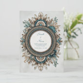 Teal Blue Brown Feather Floral Rustic Wedding Kaart (Staand voorkant)