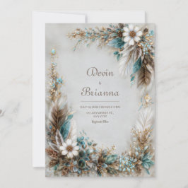 Teal Blue Brown Feather White Floral Wedding Kaart