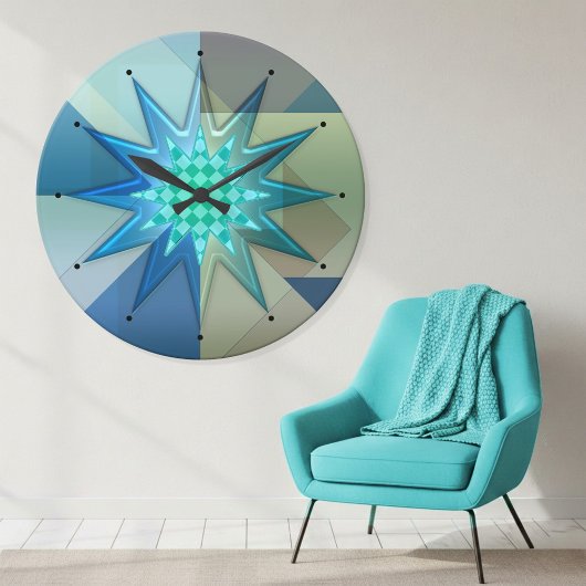 Teal Blue Geometric Harlequin  Ronde Klok
