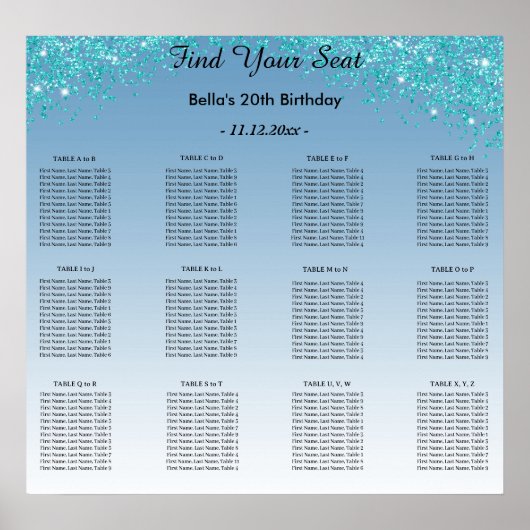 Teal Blue Glitter Birthday Alphabetic Seating Plan Poster (Voorkant)
