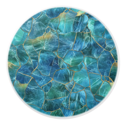Teal Blue Marble Texture with Gold Veins Keramische Knop (Voorkant)