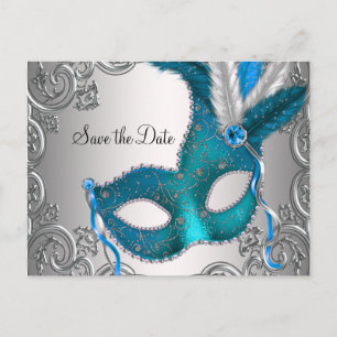 Teal Blue Masquerade Save The Date Aankondigingskaart