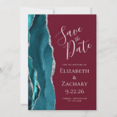 Teal Blue Silver Agate Burgundy Save the Date Card (Voorkant)