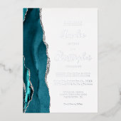 Teal Blue Silver Agate Modern Script Wedding Folie Uitnodiging (Voorkant)