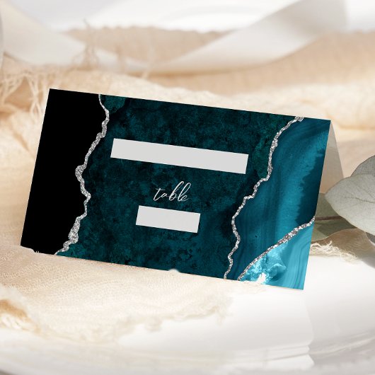 Teal Blue Silver Agate Script Wedding Table