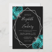 Teal Blue Silver Floral Black Wedding Kaart (Voorkant)