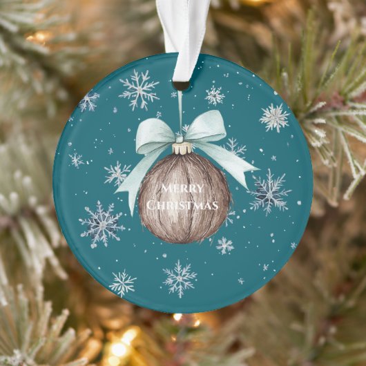 Teal Blue Snowflakes Christmas Coconut Bow Ornament (Boom)